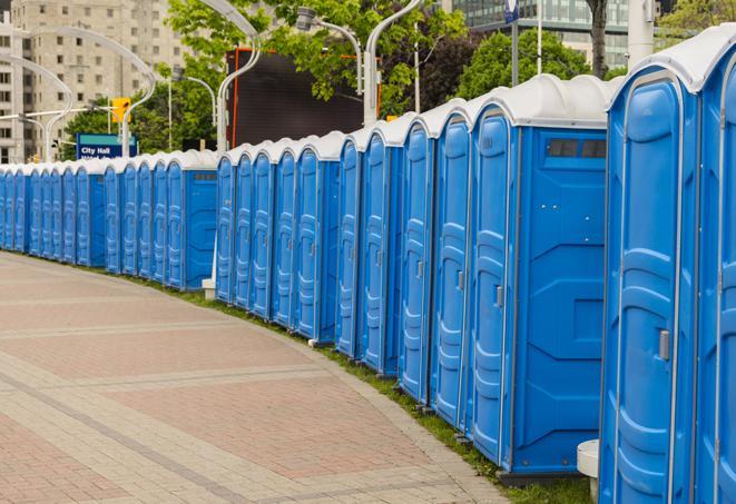 portable restrooms with sink and hand sanitizer stations, available at a festival in East Leroy, MI